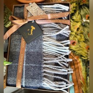 Manifattura C.B.M Men's Plaid Cashmere Blend Scarf with Fringes NWT Navy Multi